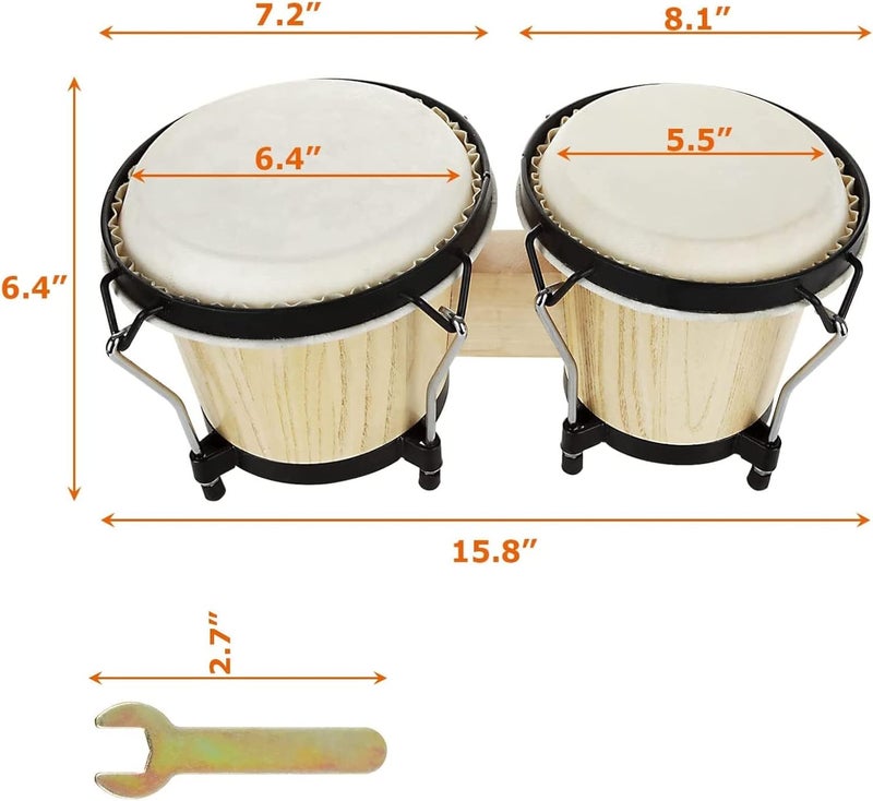 APACALI Bongo Drums 2 Set 6" and 7" Drum Set Bongos for Adults, Musical Latin Percussion Instruments Traditional Wood Bongos with Tuning Wrench - Image 2